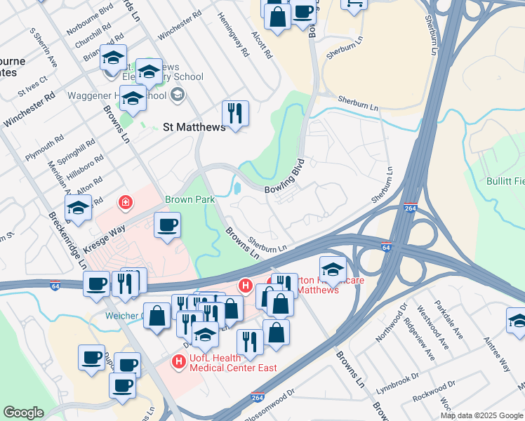 map of restaurants, bars, coffee shops, grocery stores, and more near 502 Mallard Creek Road in Saint Matthews