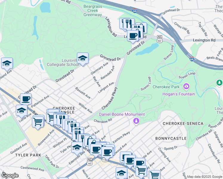 map of restaurants, bars, coffee shops, grocery stores, and more near 2531 Cherokee Pkwy in Louisville