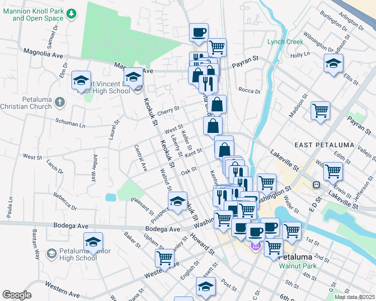 map of restaurants, bars, coffee shops, grocery stores, and more near 505 Keller Street in Petaluma