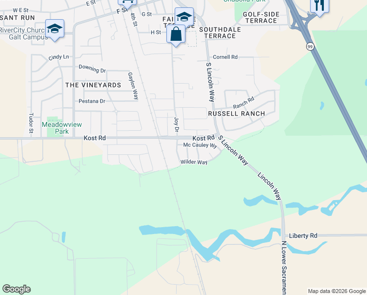 map of restaurants, bars, coffee shops, grocery stores, and more near 1212 Wilder Way in Galt