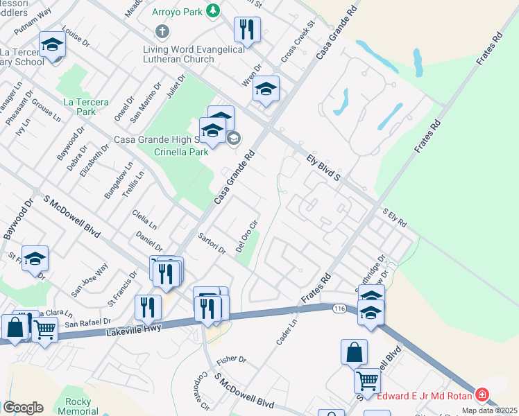 map of restaurants, bars, coffee shops, grocery stores, and more near 1679 Del Oro Circle in Petaluma