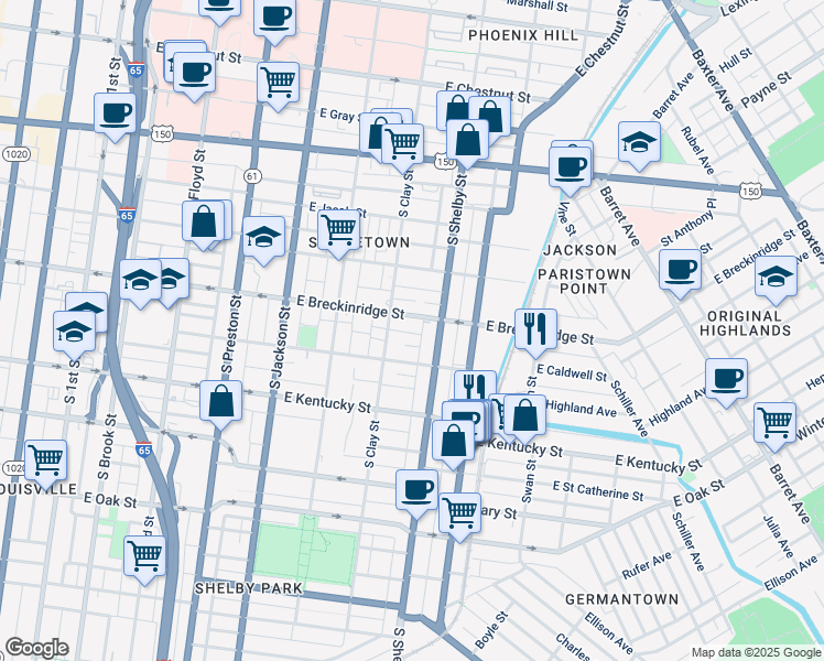 map of restaurants, bars, coffee shops, grocery stores, and more near 719 Coke Street in Louisville