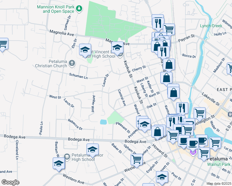 map of restaurants, bars, coffee shops, grocery stores, and more near 615 West Street in Petaluma