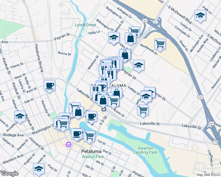 map of restaurants, bars, coffee shops, grocery stores, and more near 218 Edith Street in Petaluma