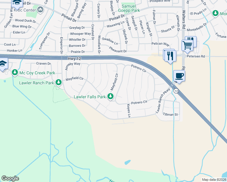 map of restaurants, bars, coffee shops, grocery stores, and more near 321 Mayfield Circle in Suisun City