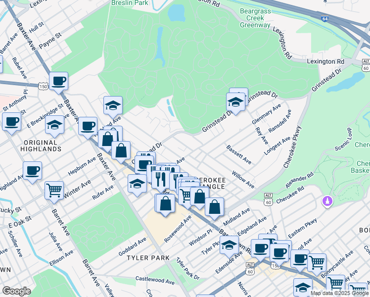 map of restaurants, bars, coffee shops, grocery stores, and more near 1126 Hilliard Avenue in Louisville