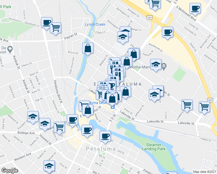 map of restaurants, bars, coffee shops, grocery stores, and more near 167 Wilson Street in Petaluma