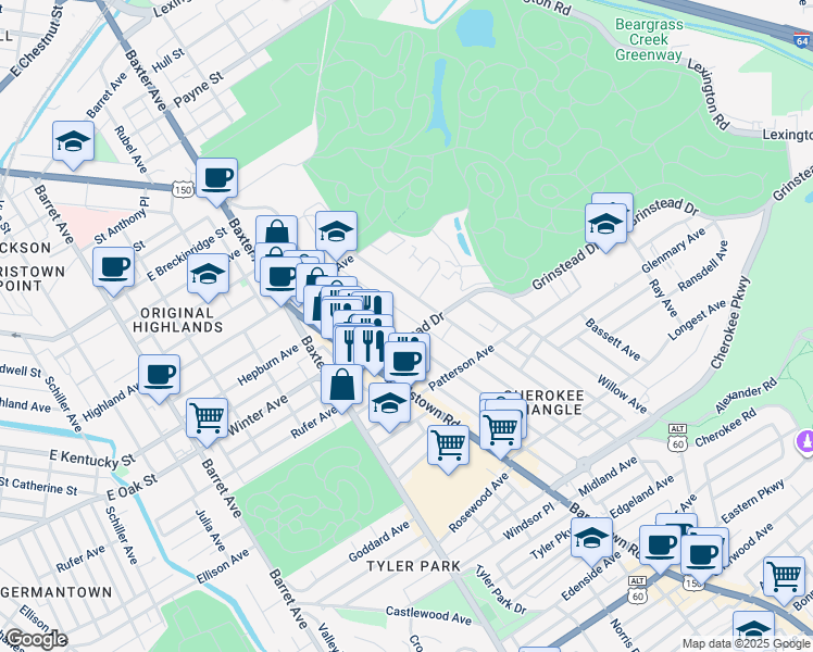 map of restaurants, bars, coffee shops, grocery stores, and more near in Louisville
