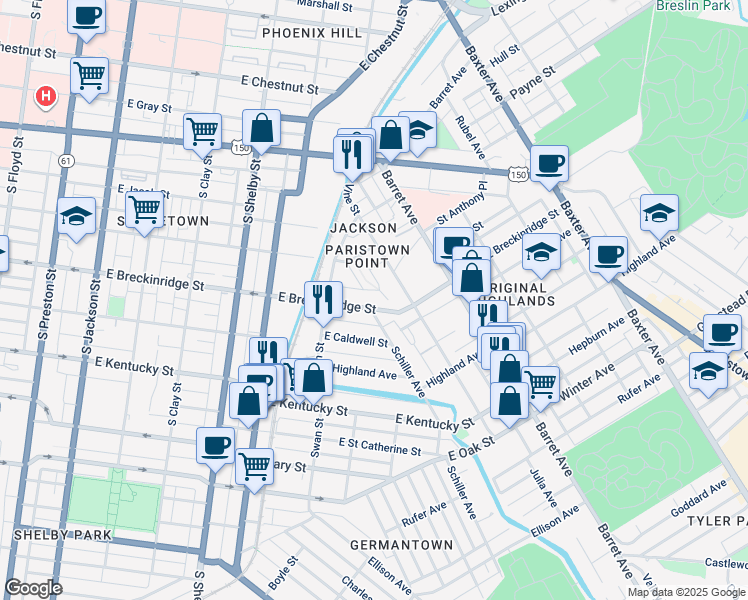 map of restaurants, bars, coffee shops, grocery stores, and more near 1117 East Breckinridge Street in Louisville