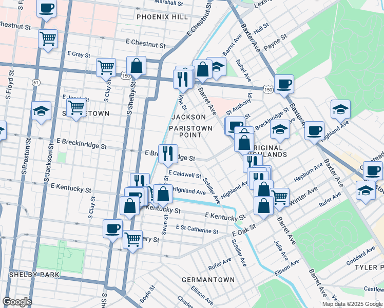 map of restaurants, bars, coffee shops, grocery stores, and more near 1117 East Breckinridge Street in Louisville