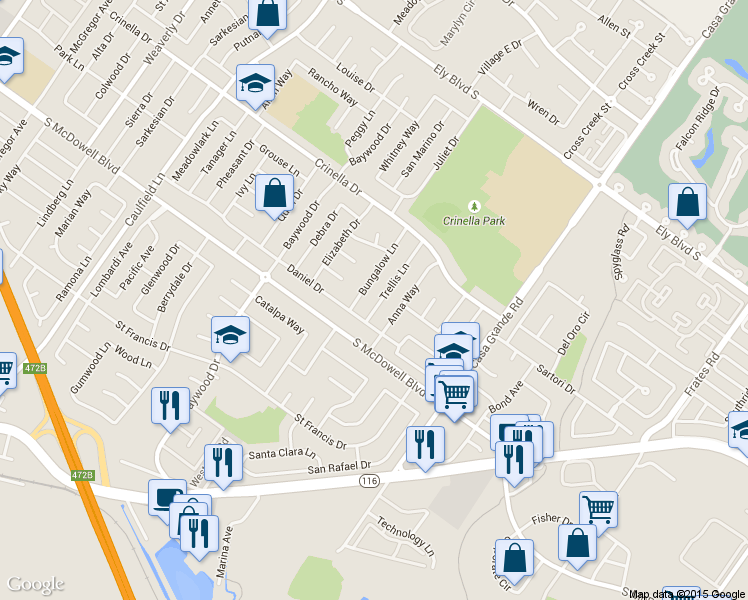 map of restaurants, bars, coffee shops, grocery stores, and more near 1533 Trellis Lane in Petaluma