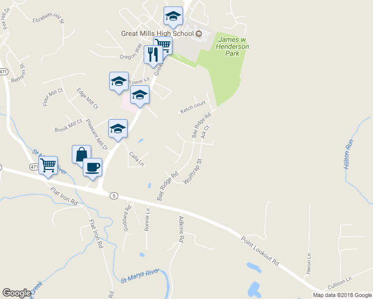 map of restaurants, bars, coffee shops, grocery stores, and more near 20836 Skipjack Court in Lexington Park