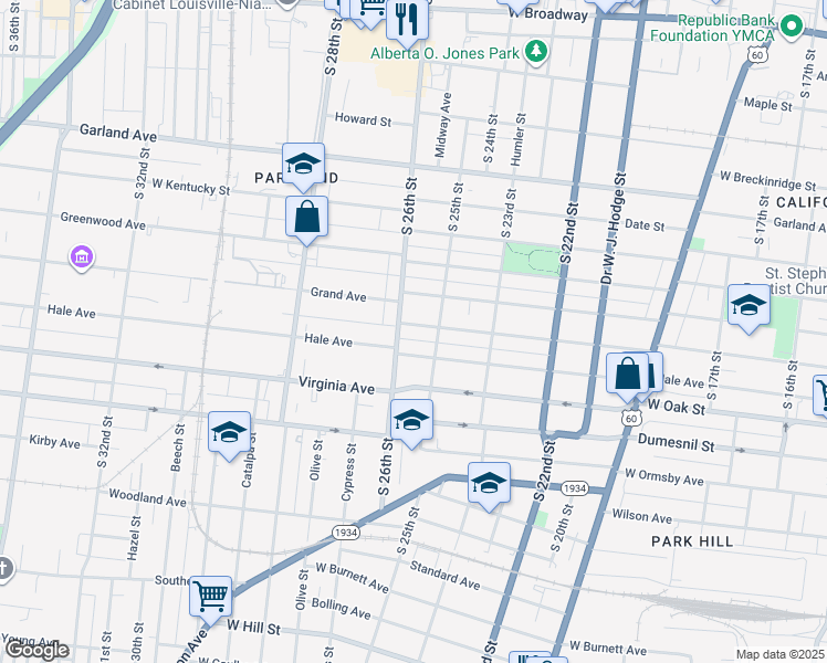 map of restaurants, bars, coffee shops, grocery stores, and more near 2516 Osage Avenue in Louisville