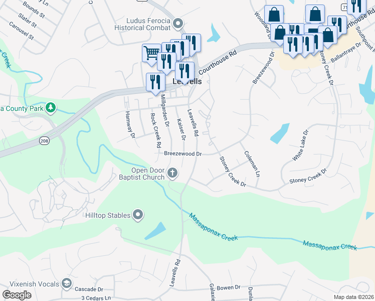 map of restaurants, bars, coffee shops, grocery stores, and more near 2100 Kaiser Drive in Fredericksburg