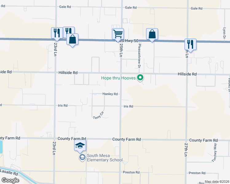 map of restaurants, bars, coffee shops, grocery stores, and more near 24833 Hanley Road in Pueblo