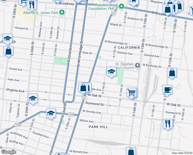 map of restaurants, bars, coffee shops, grocery stores, and more near 1110 Salem Avenue in Louisville