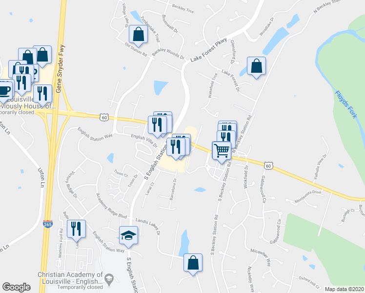 map of restaurants, bars, coffee shops, grocery stores, and more near 13904 Shelbyville Rd in Louisville