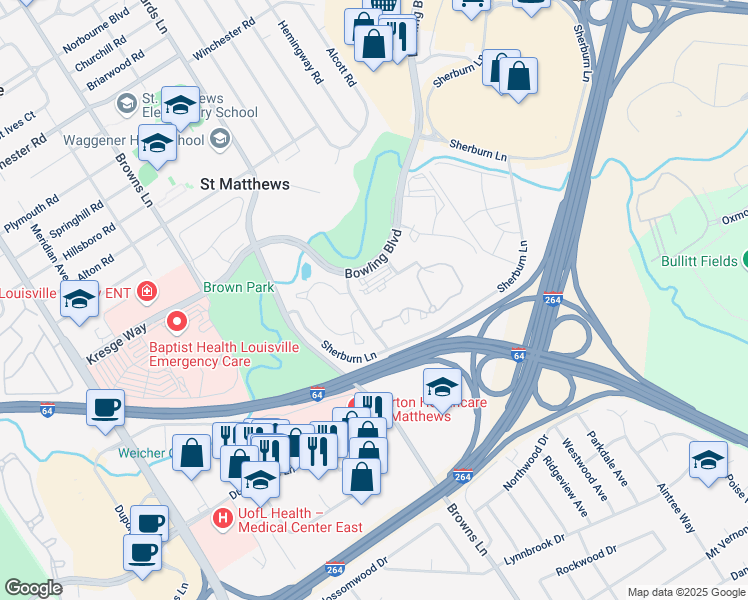 map of restaurants, bars, coffee shops, grocery stores, and more near 100 Mallard Creek Road in Louisville