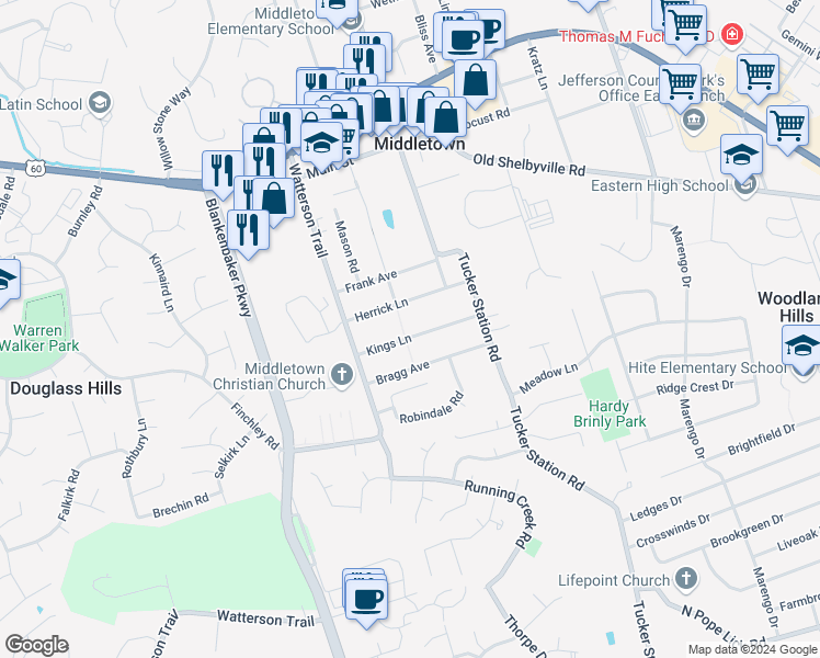 map of restaurants, bars, coffee shops, grocery stores, and more near 11701 Kings Lane in Louisville
