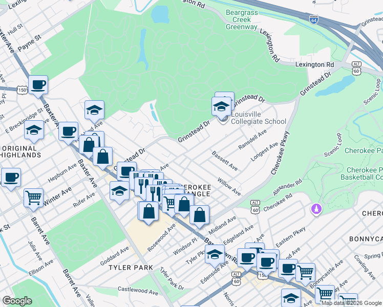 map of restaurants, bars, coffee shops, grocery stores, and more near 2315 Glenmary Avenue in Louisville