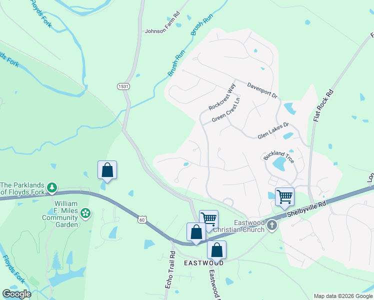 map of restaurants, bars, coffee shops, grocery stores, and more near 322 Brookfield View Drive in Louisville