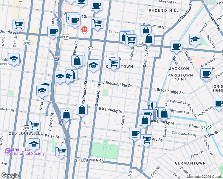 map of restaurants, bars, coffee shops, grocery stores, and more near 921 South Hancock Street in Louisville