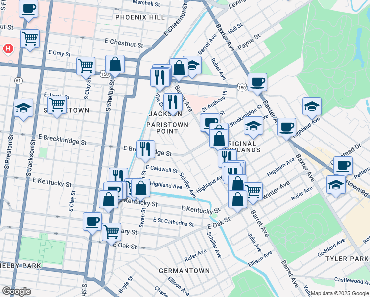 map of restaurants, bars, coffee shops, grocery stores, and more near 852 Vine Street in Louisville