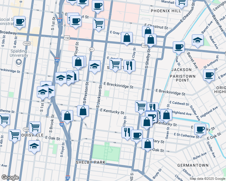 map of restaurants, bars, coffee shops, grocery stores, and more near 914 South Hancock Street in Louisville