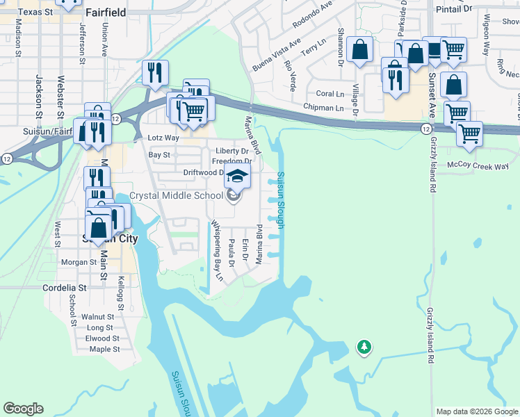 map of restaurants, bars, coffee shops, grocery stores, and more near Neptune Court in Suisun City