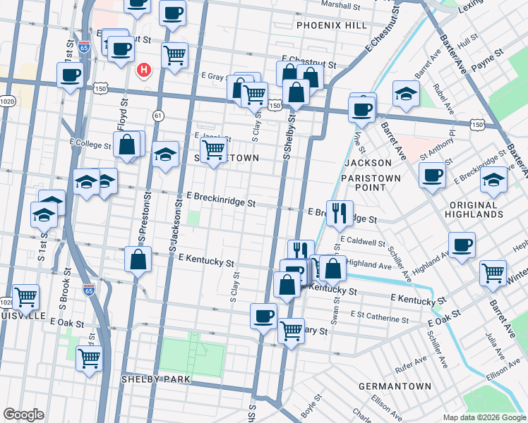 map of restaurants, bars, coffee shops, grocery stores, and more near 719 Coke Street in Louisville