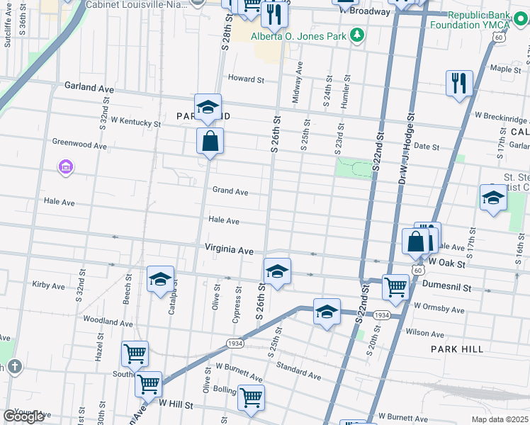 map of restaurants, bars, coffee shops, grocery stores, and more near 2516 Osage Avenue in Louisville