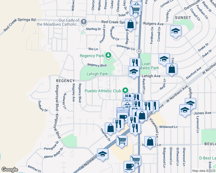 map of restaurants, bars, coffee shops, grocery stores, and more near 47 Castle Royal Drive in Pueblo