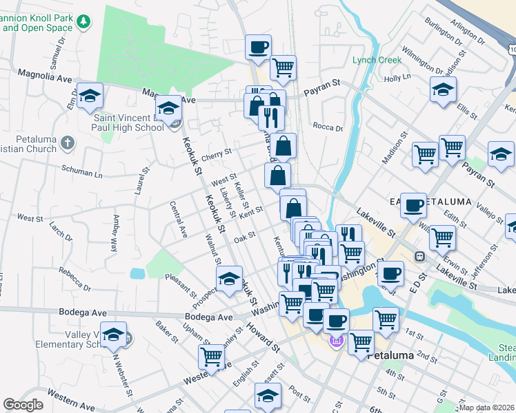 map of restaurants, bars, coffee shops, grocery stores, and more near 419 Kentucky Street in Petaluma