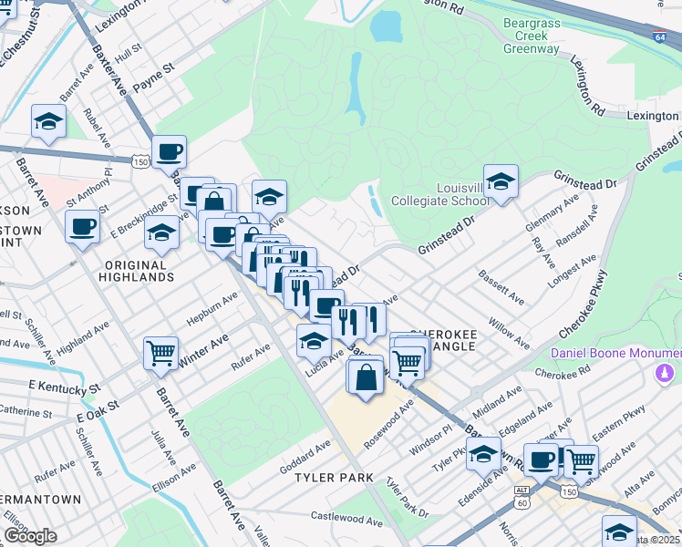 map of restaurants, bars, coffee shops, grocery stores, and more near in Louisville