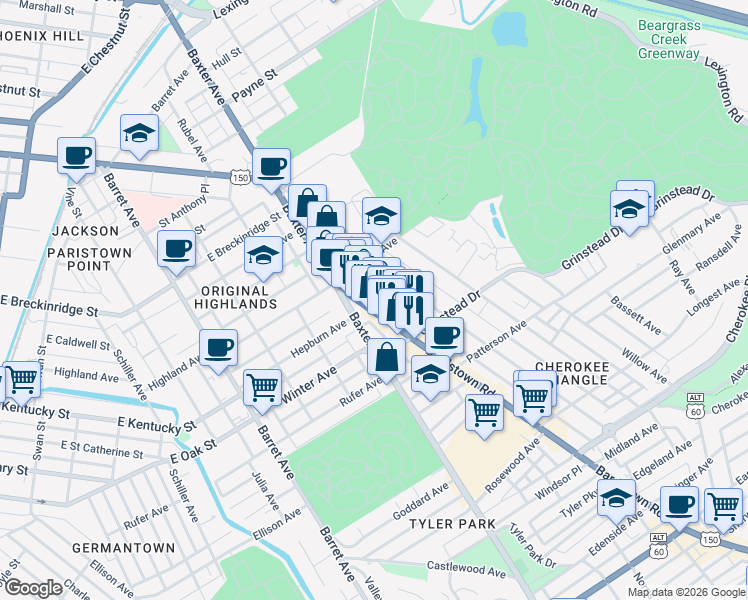 map of restaurants, bars, coffee shops, grocery stores, and more near 1051 Bardstown Road in Louisville