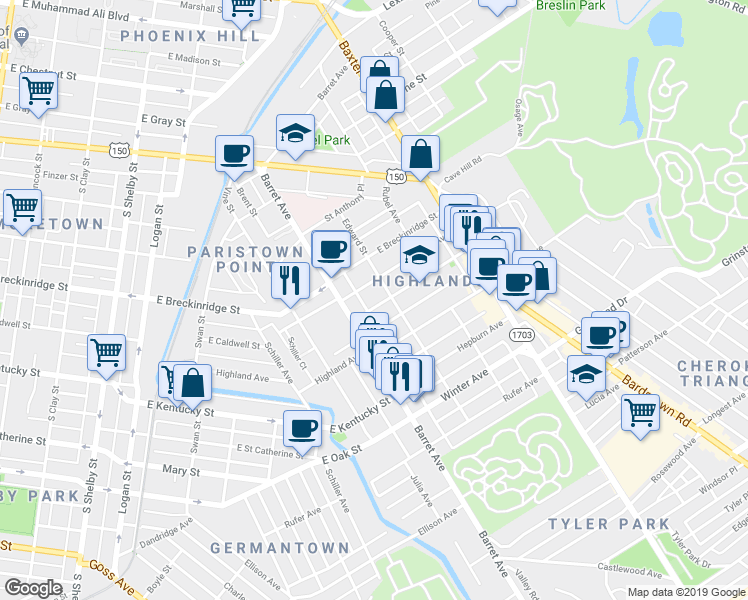 map of restaurants, bars, coffee shops, grocery stores, and more near 1317 Morton Avenue in Louisville