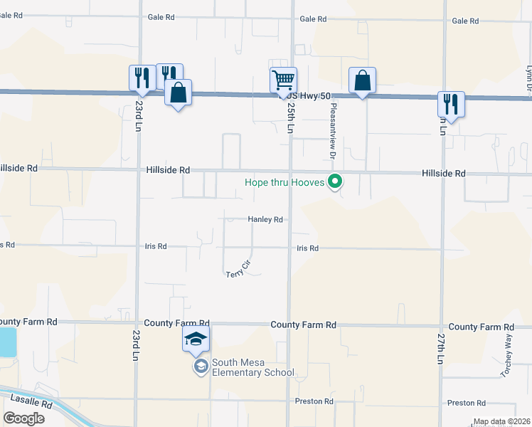 map of restaurants, bars, coffee shops, grocery stores, and more near 24833 Hanley Road in Pueblo