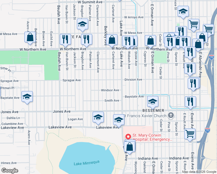 map of restaurants, bars, coffee shops, grocery stores, and more near 1627 Berkley Avenue in Pueblo
