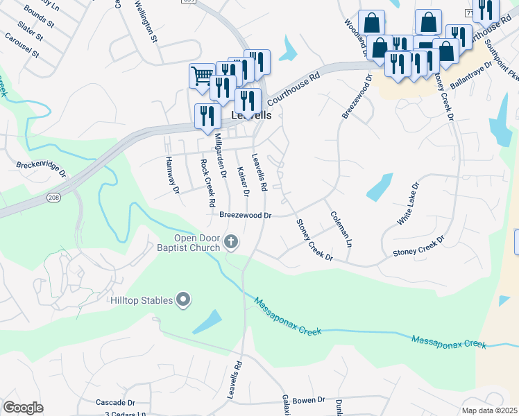 map of restaurants, bars, coffee shops, grocery stores, and more near 10402 Leavells Road in Fredericksburg