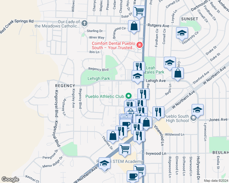 map of restaurants, bars, coffee shops, grocery stores, and more near 26 Castle Royal Drive in Pueblo