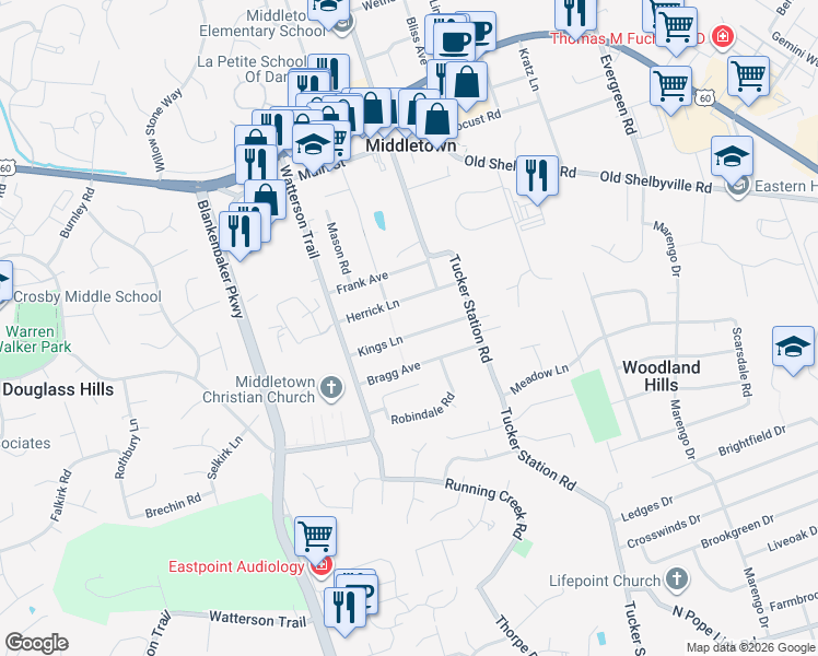 map of restaurants, bars, coffee shops, grocery stores, and more near 11703 Kings Lane in Louisville