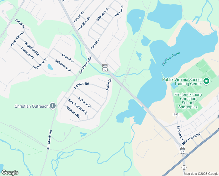 map of restaurants, bars, coffee shops, grocery stores, and more near 2408 Ruffin Drive in Fredericksburg