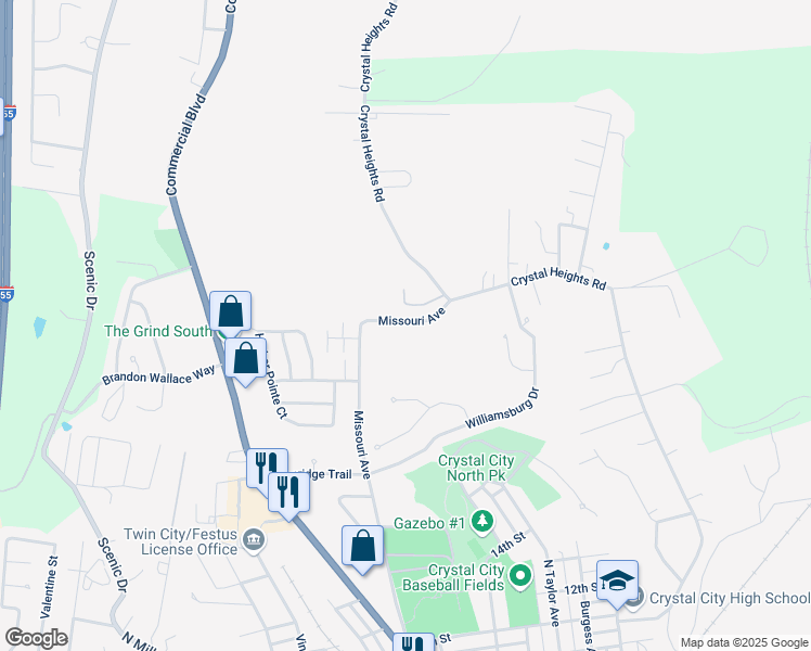 map of restaurants, bars, coffee shops, grocery stores, and more near 2132 Missouri Avenue in Festus