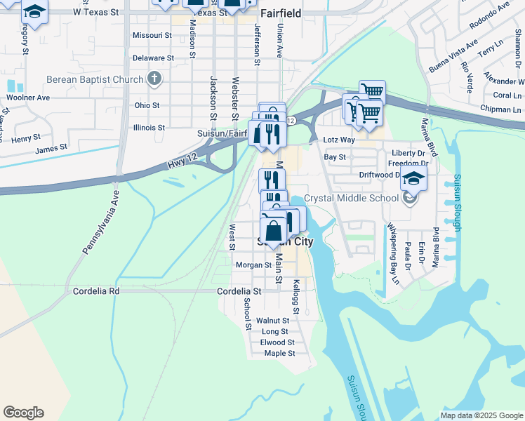 map of restaurants, bars, coffee shops, grocery stores, and more near 515 Suisun Street in Suisun City