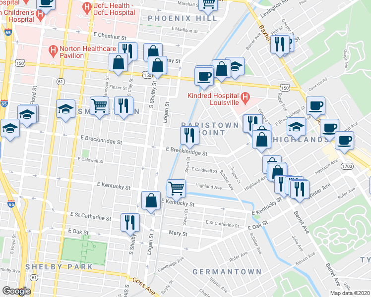 map of restaurants, bars, coffee shops, grocery stores, and more near 936 East Breckinridge Street in Louisville
