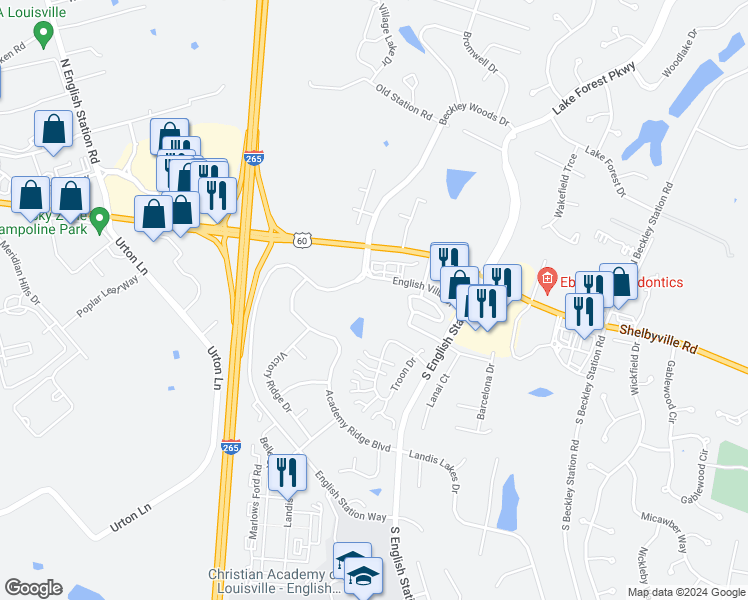 map of restaurants, bars, coffee shops, grocery stores, and more near 13700 English Villa Drive in Louisville