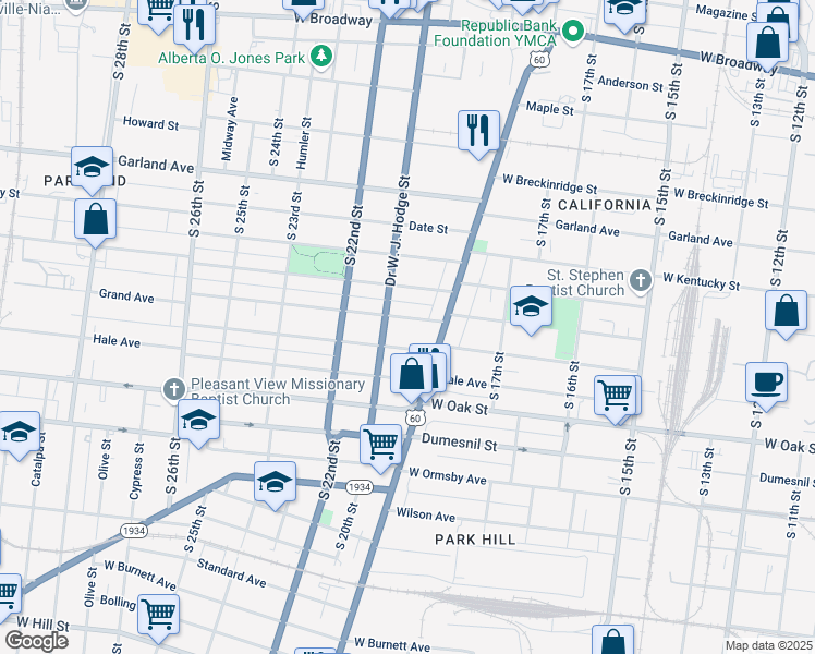 map of restaurants, bars, coffee shops, grocery stores, and more near 1112 Dixie Highway in Louisville