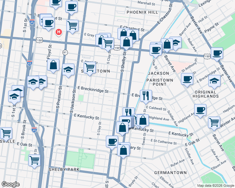 map of restaurants, bars, coffee shops, grocery stores, and more near 900 South Shelby Street in Louisville