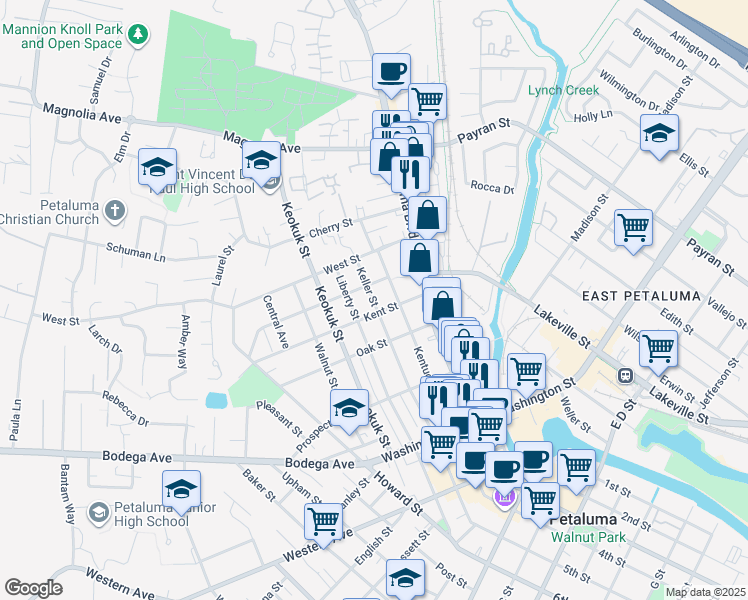 map of restaurants, bars, coffee shops, grocery stores, and more near 505 Keller Street in Petaluma