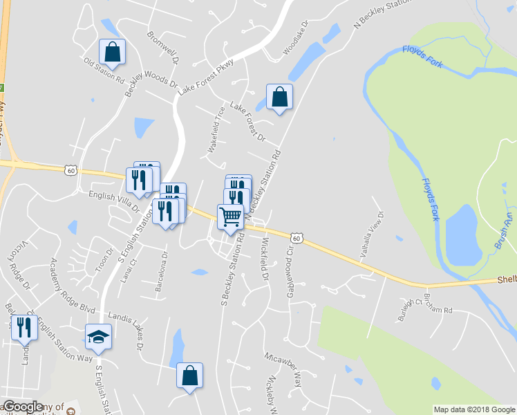 map of restaurants, bars, coffee shops, grocery stores, and more near 621 North Beckley Station Road in Louisville